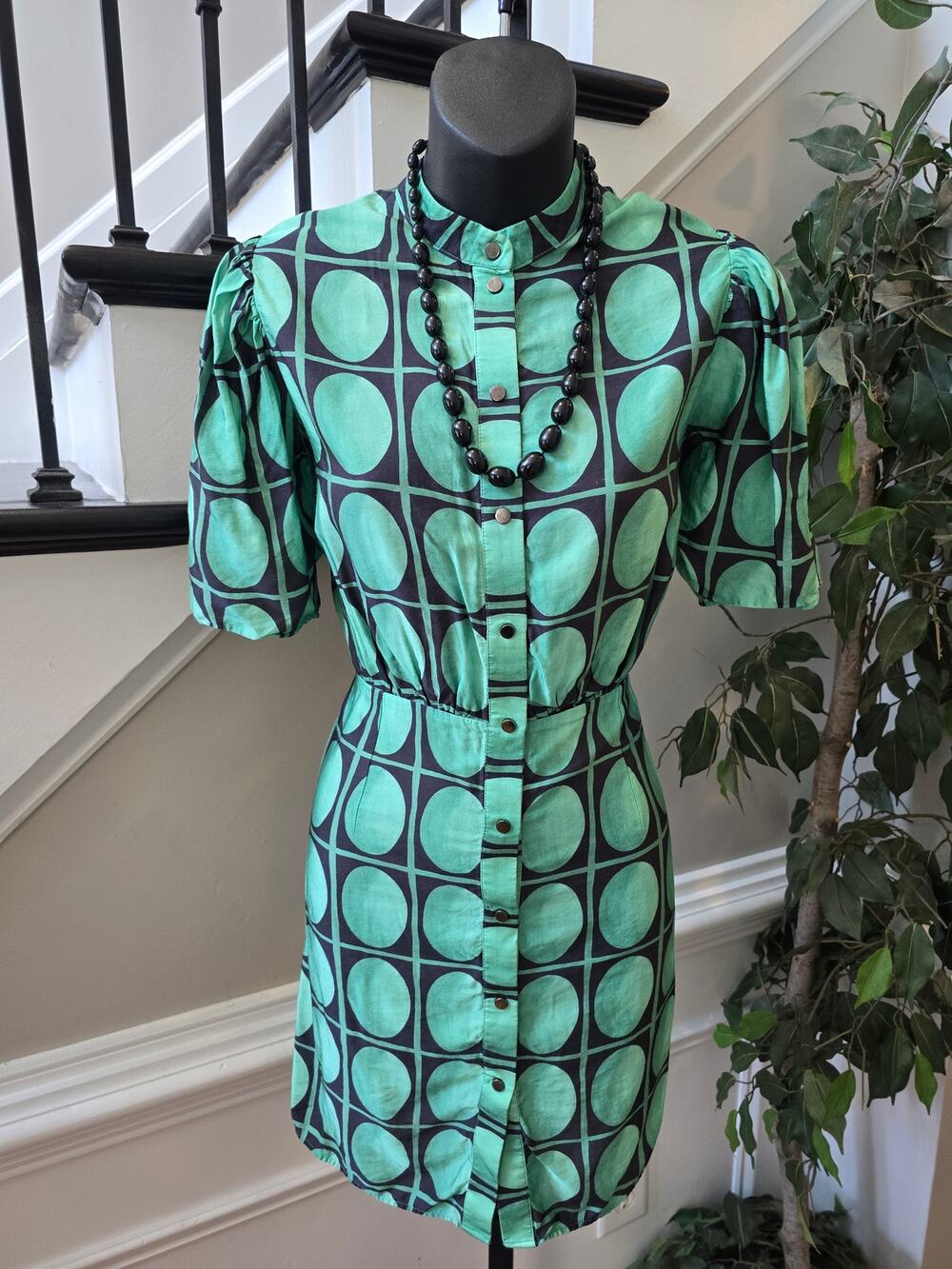 Zara Midi Dress Women's Small Green/Black Geometric Short Sleeve Pleated Back